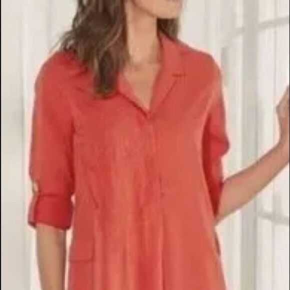 Soft Surroundings Tencel Weekender Relaxed Fit Shirt Dress Coral NWT XS - Picture 2 of 13